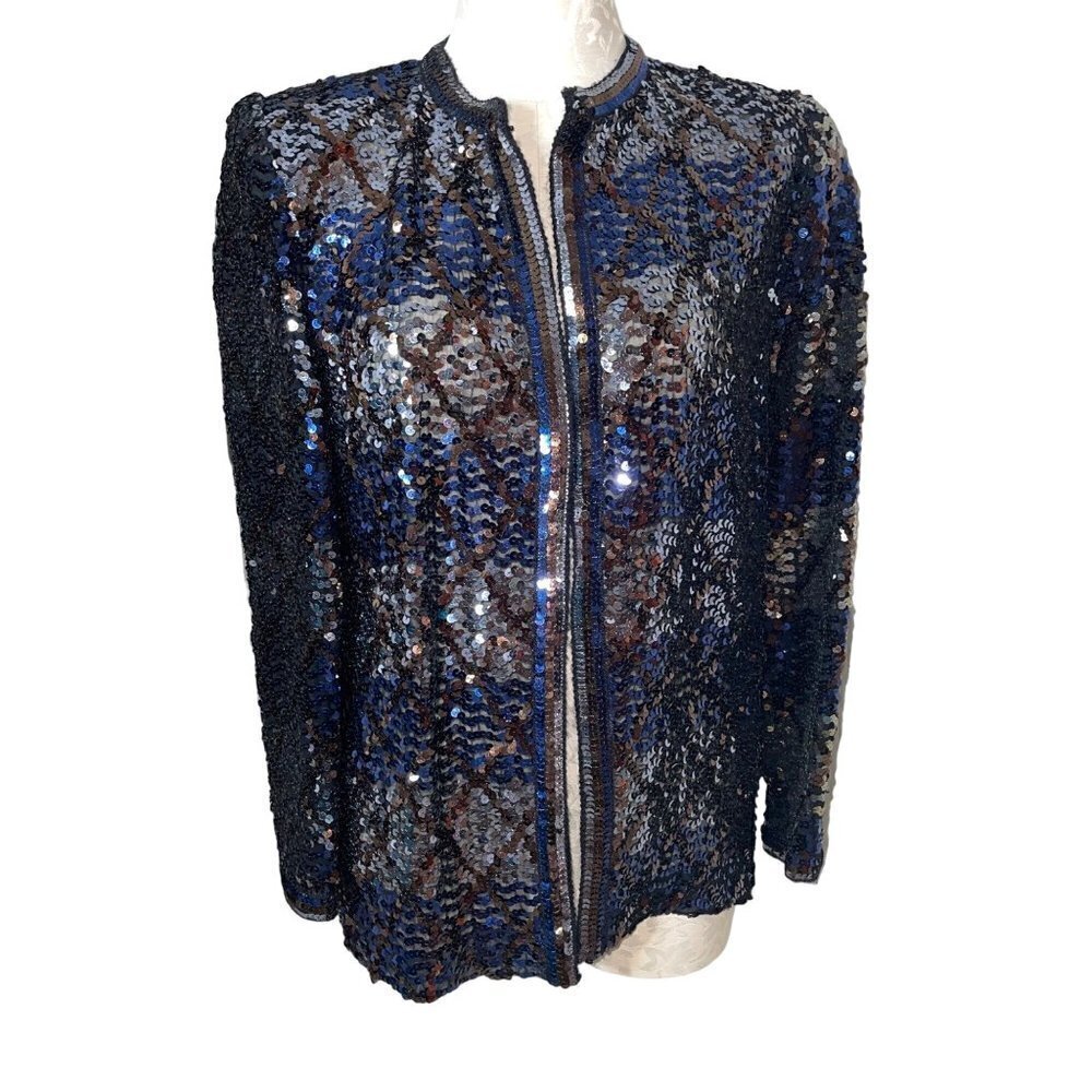 Vintage I. Magnin Party Collectibles Womens Sequin Jacket Size 8 Blue Gray Pads